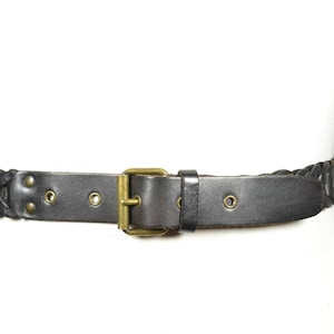 Vintage Black Leather Braided Belt with Brass Buckle, Rugged Western