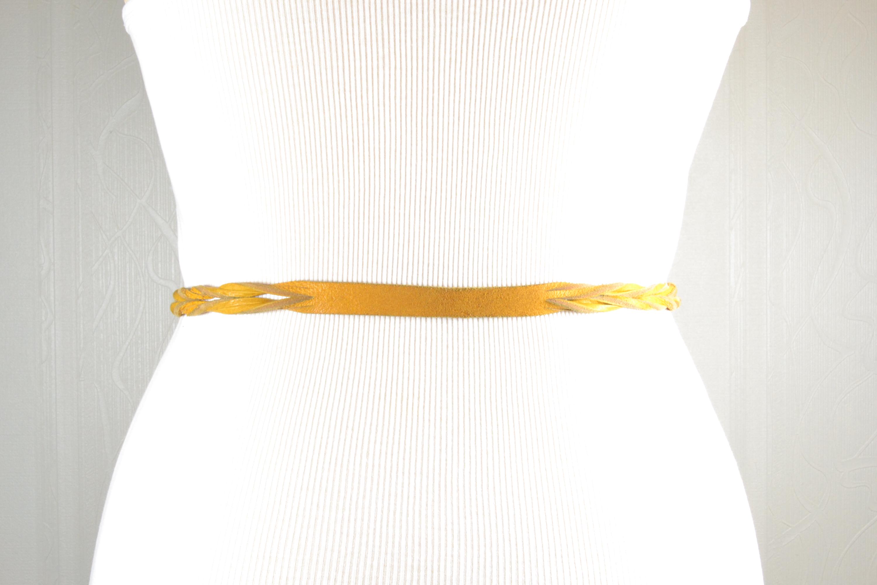 Vintage Mustard Yellow Braided Leather Belt With Classic 