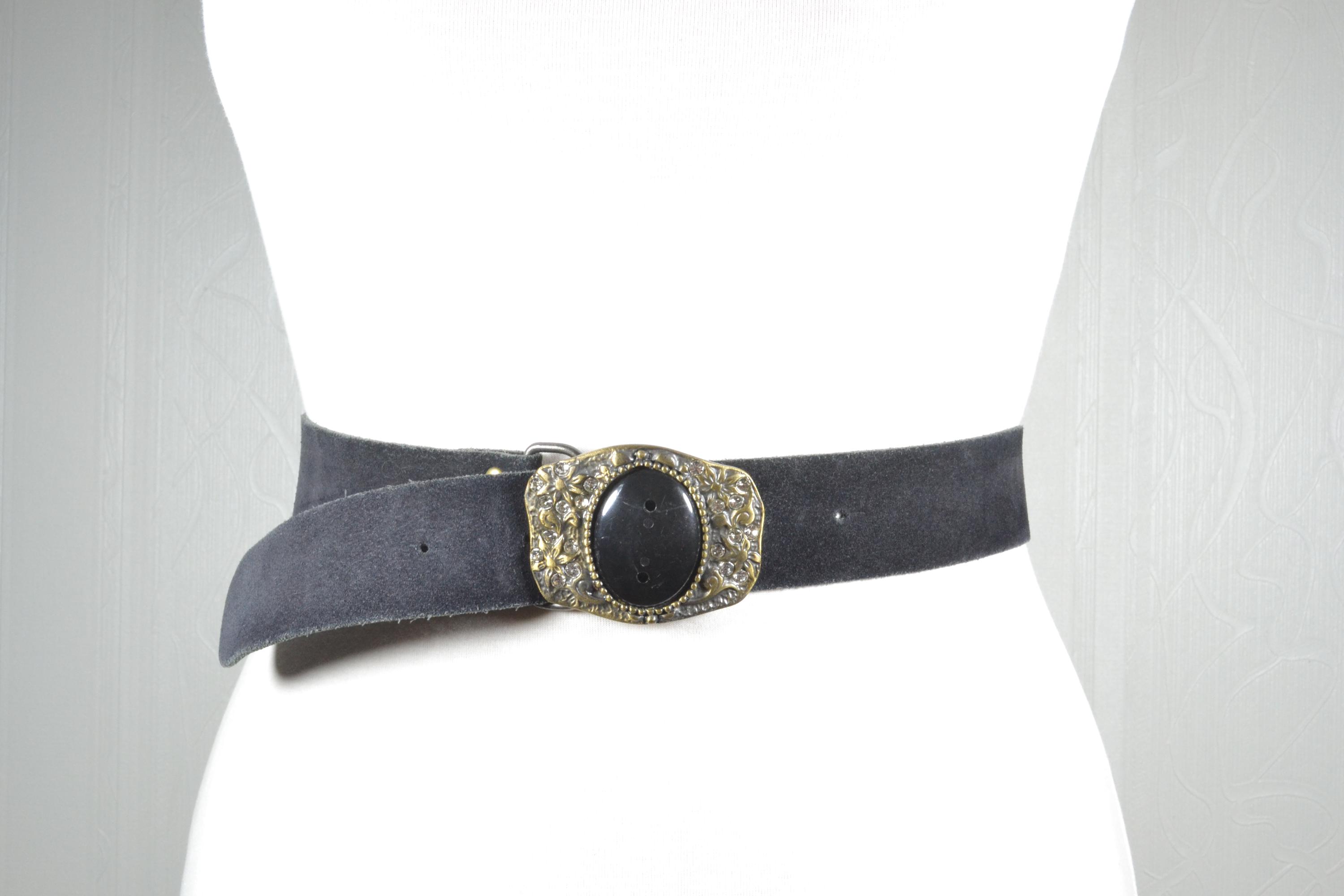 Vintage Black Suede Belt Gold Filigree Butterfly Crystal Buckle Maximalist Boho Mustard Perforated Vintage Feel Crystal Butterfly Belt  main image 2