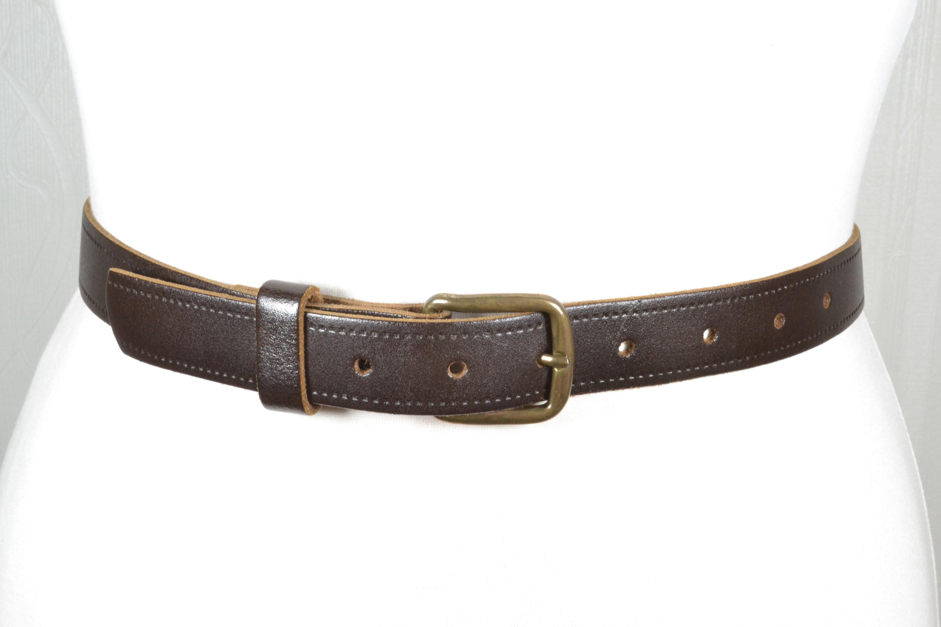 Vintage Skinny Black Leather Belt, Antique Brass Buckle, 90s  display picture 2