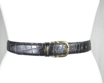 Vintage Schwarzer Kroko Leder Gürtel: 80er Jahre Goldene Schnalle
