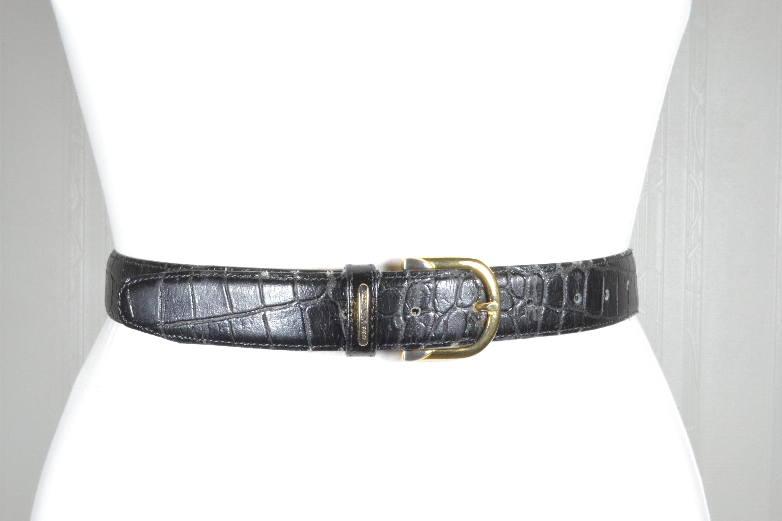 Vintage Black Croc Embossed Leather Belt: 80s Gold Buckle - Etsy display picture 2