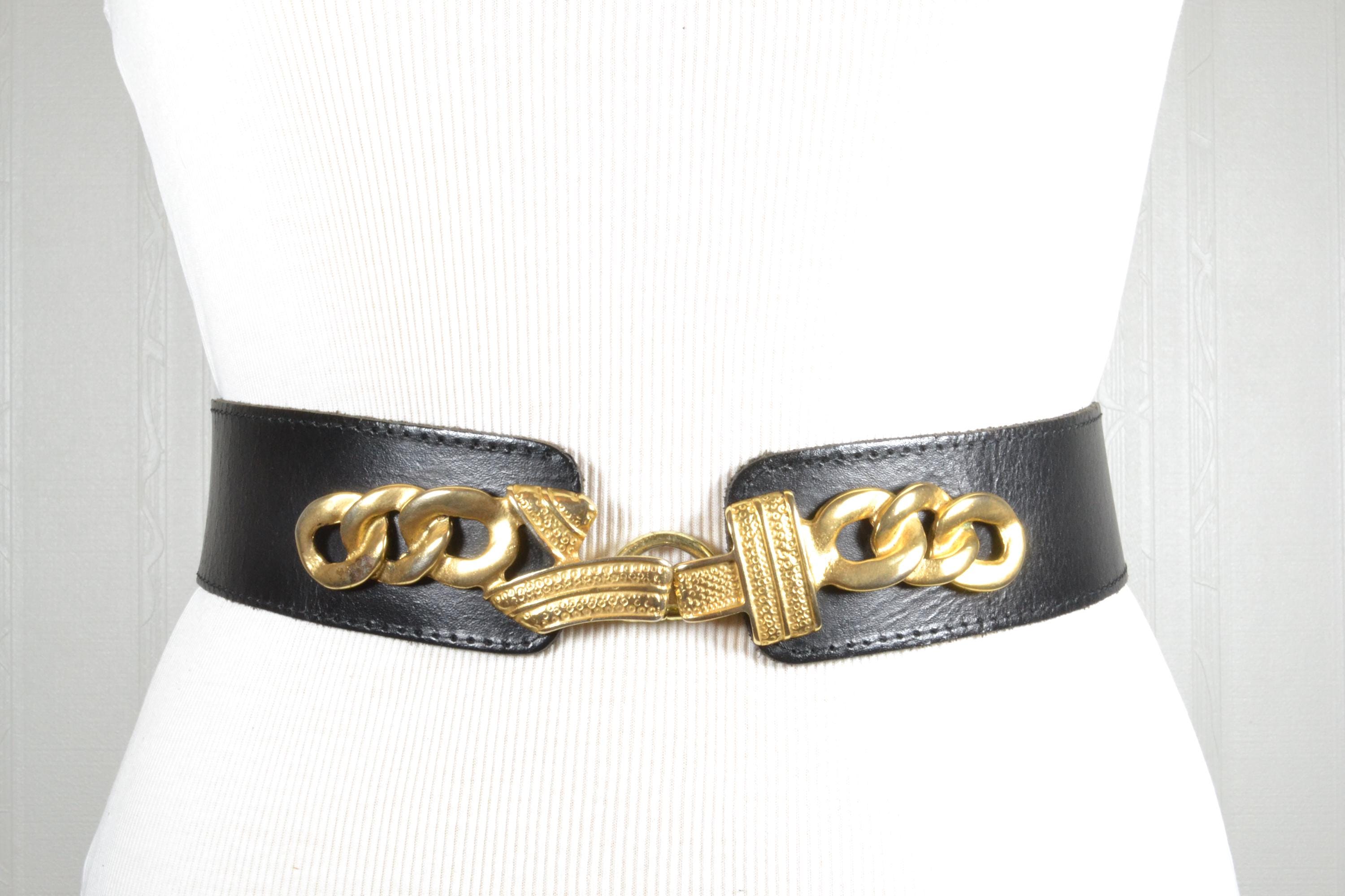 Vintage Black Leather Chain Link Belt With Gold Buckle 