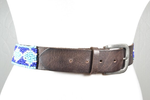 Brown Leather Belt With Blue Beaded Inlay, Southwestern Boho  display picture 1