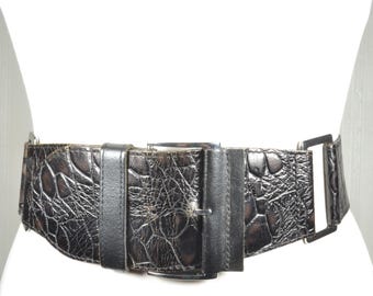 Very Wide Black Croc Embossed Leather Waist Belt,  Black Corset Belt, Unique Croco Textured Waist Belt for Women,  Fashion Belt Large Buckle