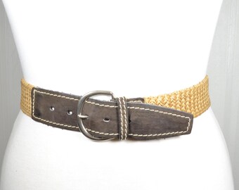 Vintage Woven Straw and Brown Leather Belt with Silver Ring Buckle, Boho