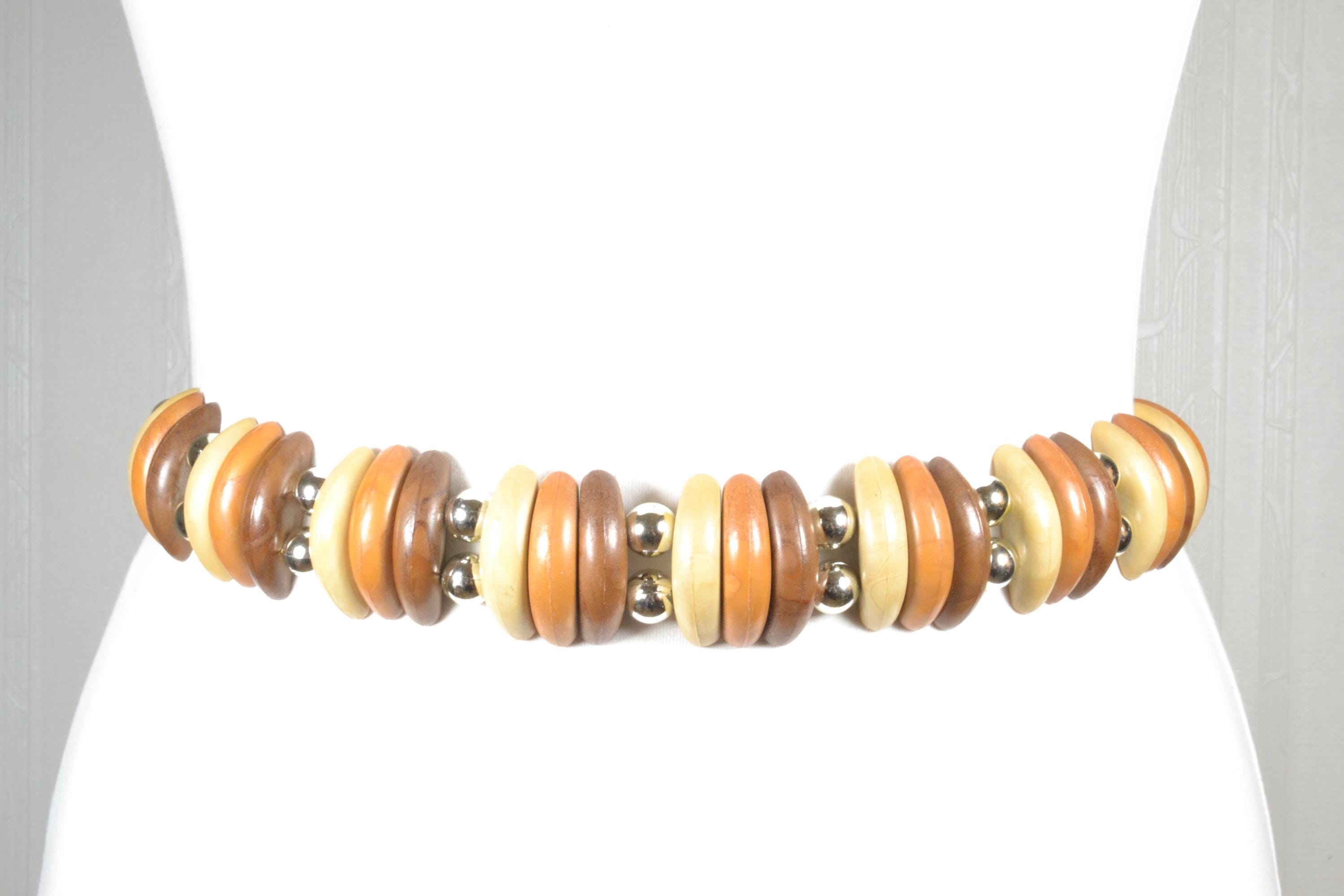 Vintage Reversible Beaded Waist Belt Wood Disc Boho Western Adjustable Chain Women main image 3