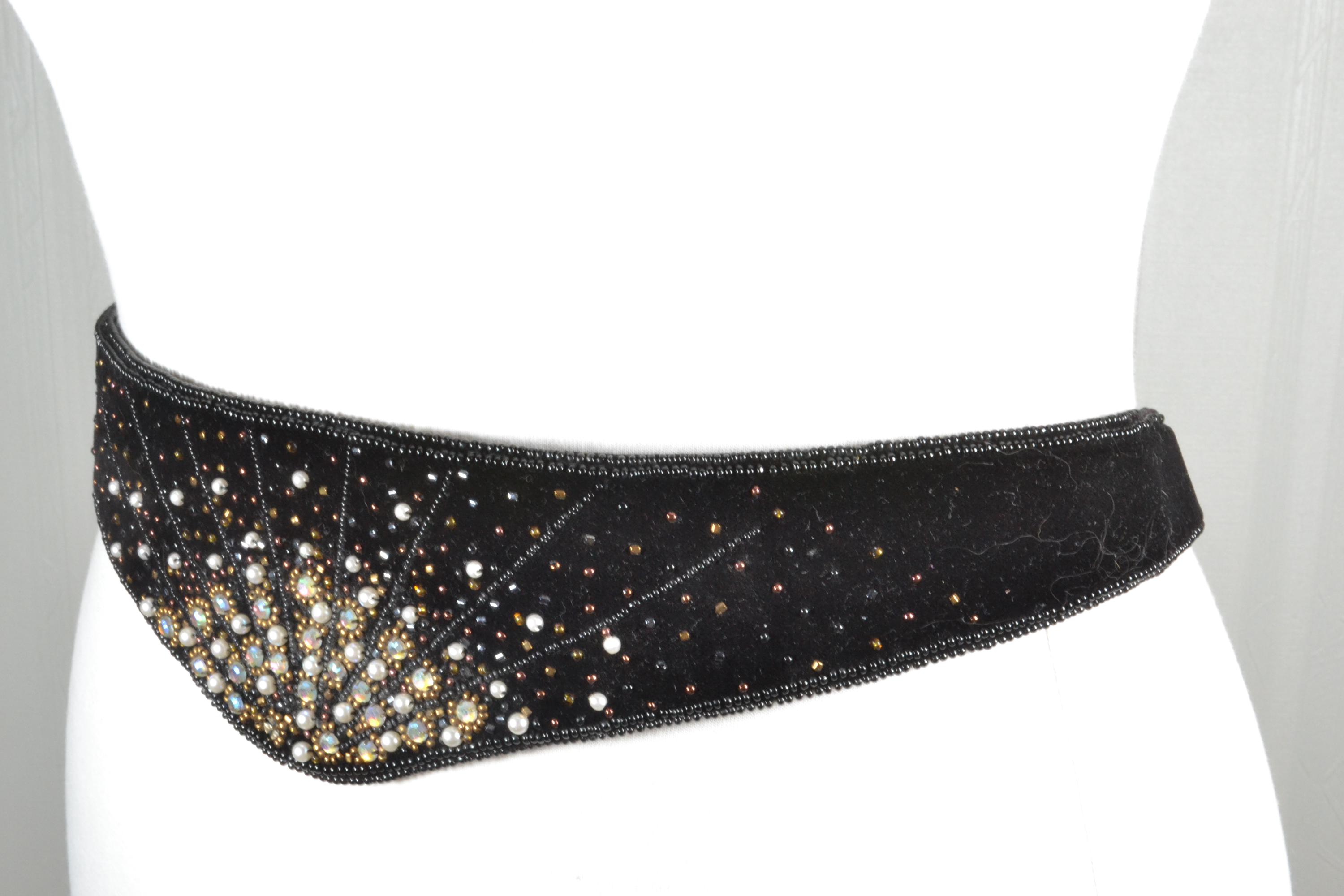 Vintage 90s Beaded Velvet Waist Belt Black Metallic Ornate Statement Chunky Wide Beaded Velvet Belts for Women for sale | eBay main image 2