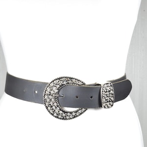 Cinturón ancho de cuero negro, cinturón con hebilla plateada estilo art déco, cinturón clásico femenino, cinturón negro vintage, regalo para ella