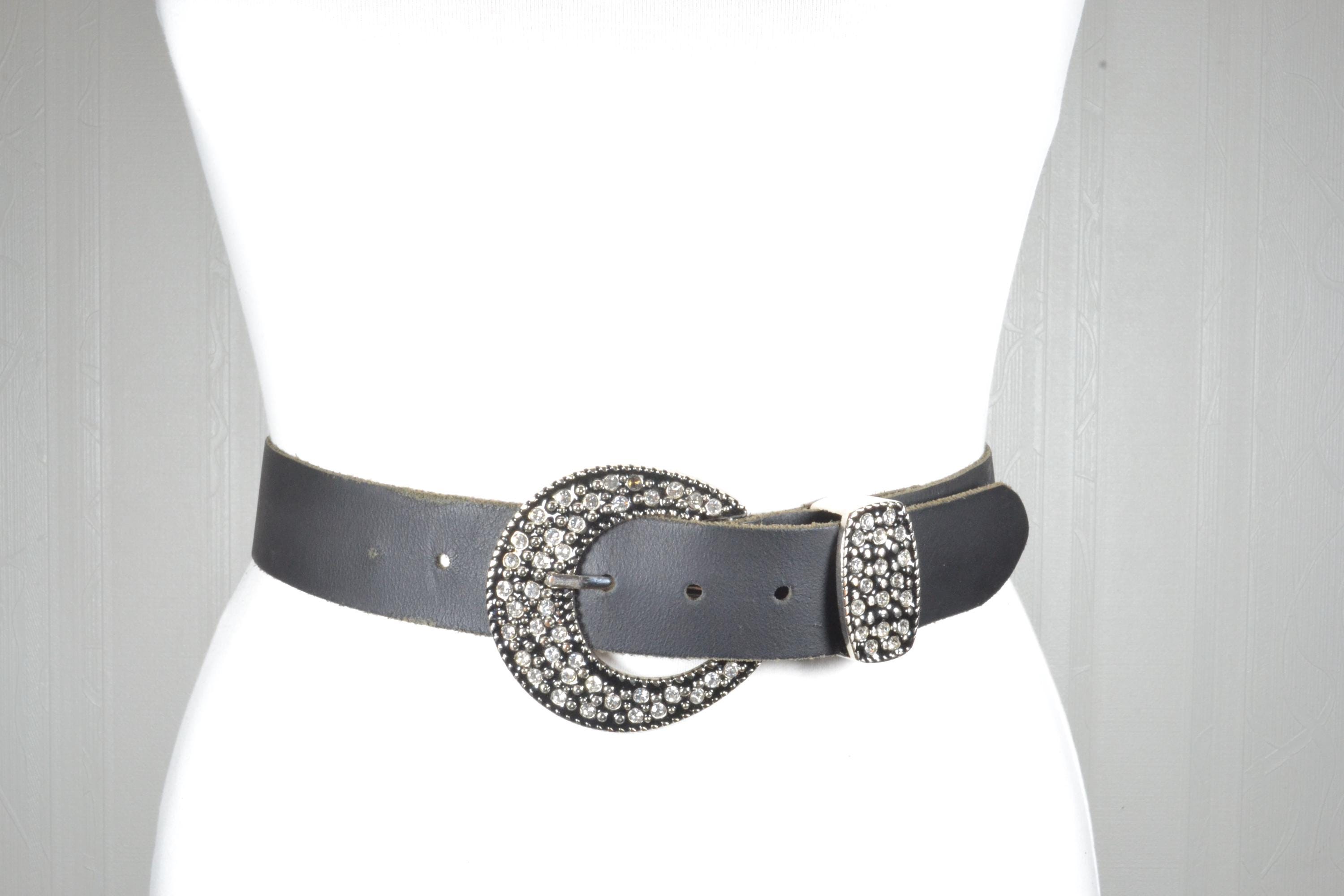 Vintage Wide Black Leather Belt: Art Deco Silver Buckle - Etsy display picture 1