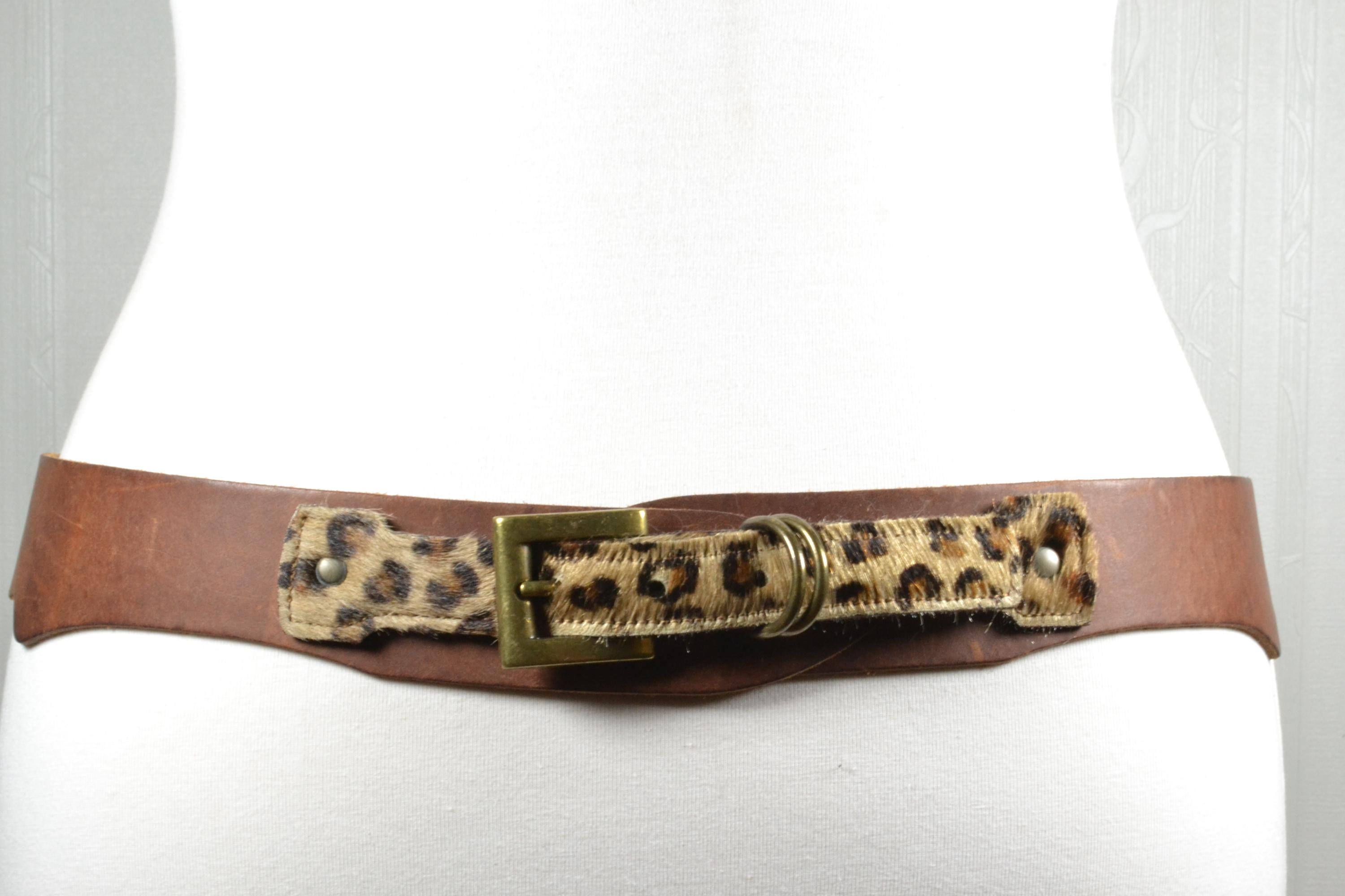 Wide Brown Leather Corset Belt: Brass Buckle, Leopard Fur  display picture 2