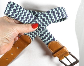 Vintage Boho Woven Blue and Green Braided Fabric Belt With  display picture 1