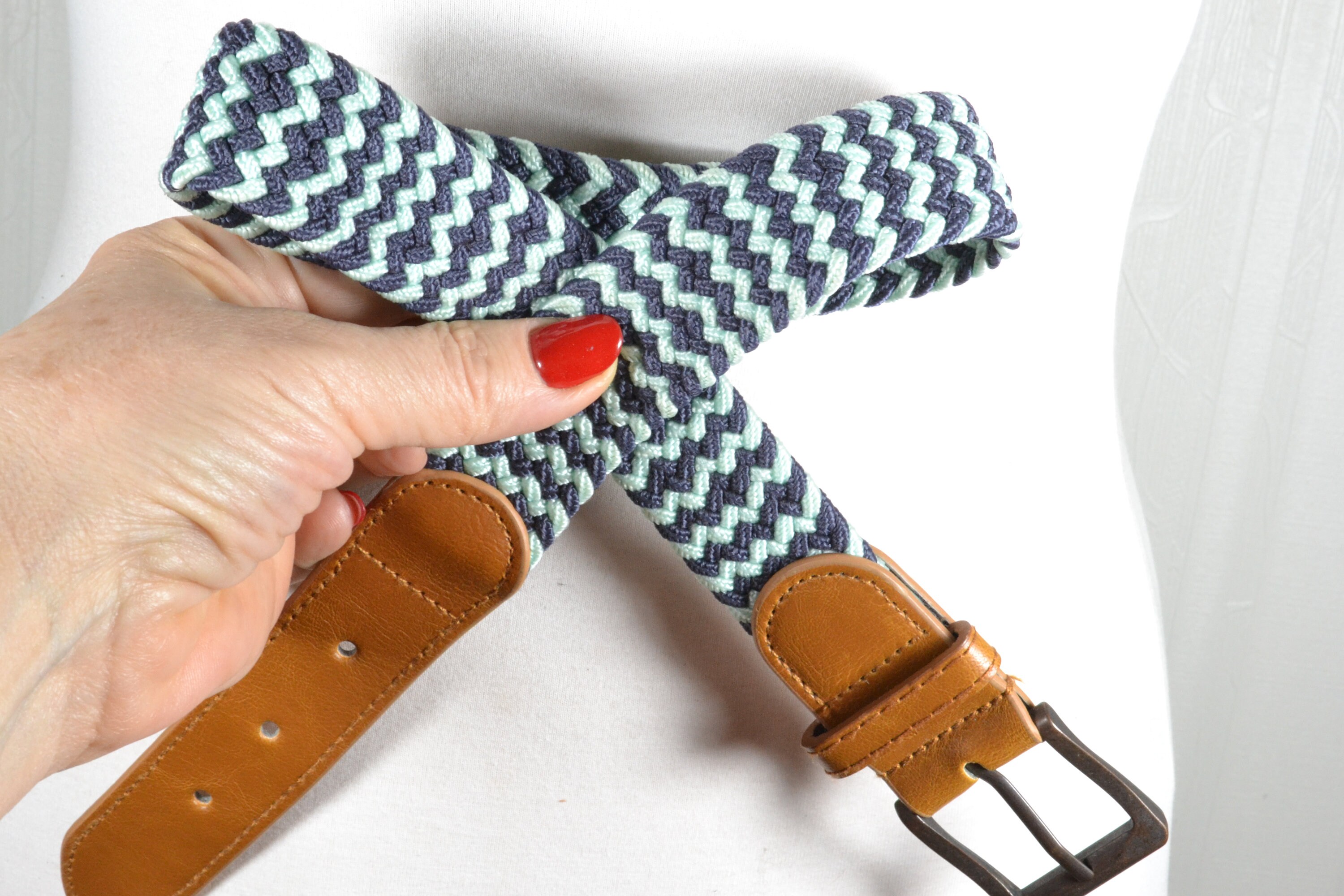 Vintage Boho Woven Blue and Green Braided Fabric Belt With 
