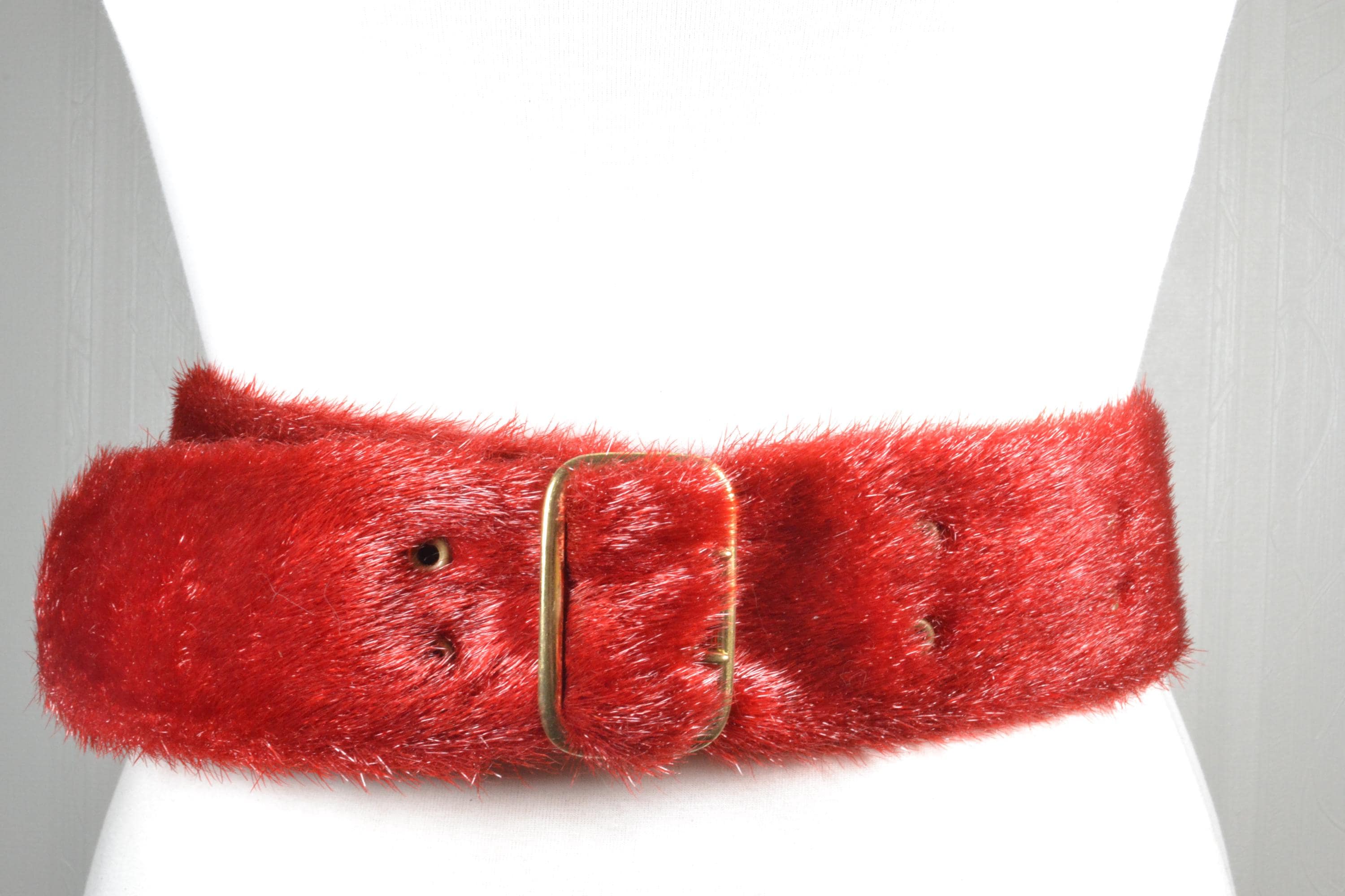 Red, Fur Belt w/ Silver Hardware Red Faux Fur Statement Belt: Vintage Brass Buckle, Retro  main image 4