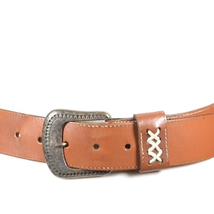 Vintage Wide Brown Leather Belt with Stitching Trim, Genuine Leather Belt for Women and Men, Classic Brown Waist Belt, Boho Style Belt