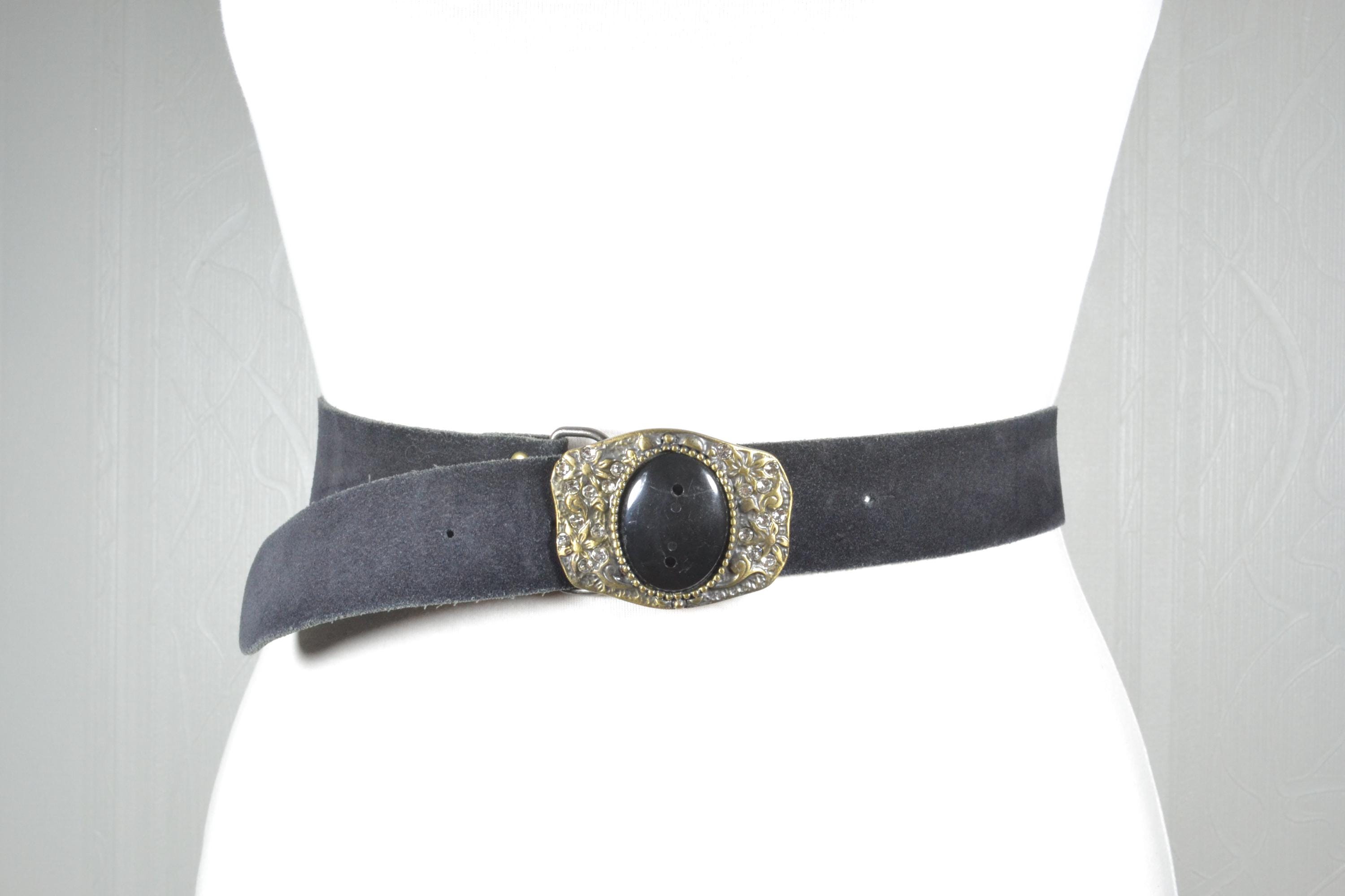 Vintage Boho Black Suede Belt With Ornate Gold Oval Buckle  display picture 3