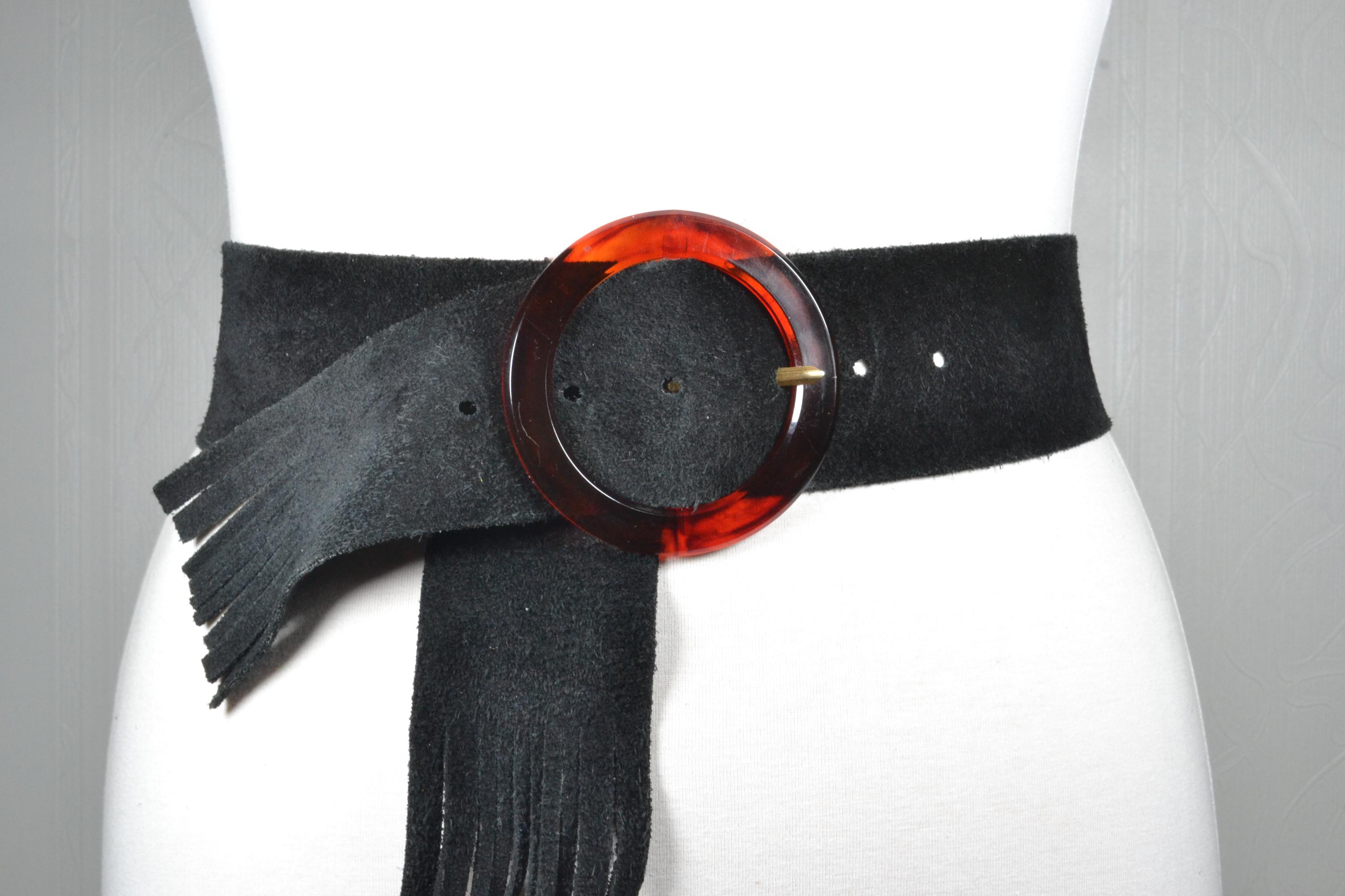 Vintage Boho Black Suede Fringe Belt With Oversized 
