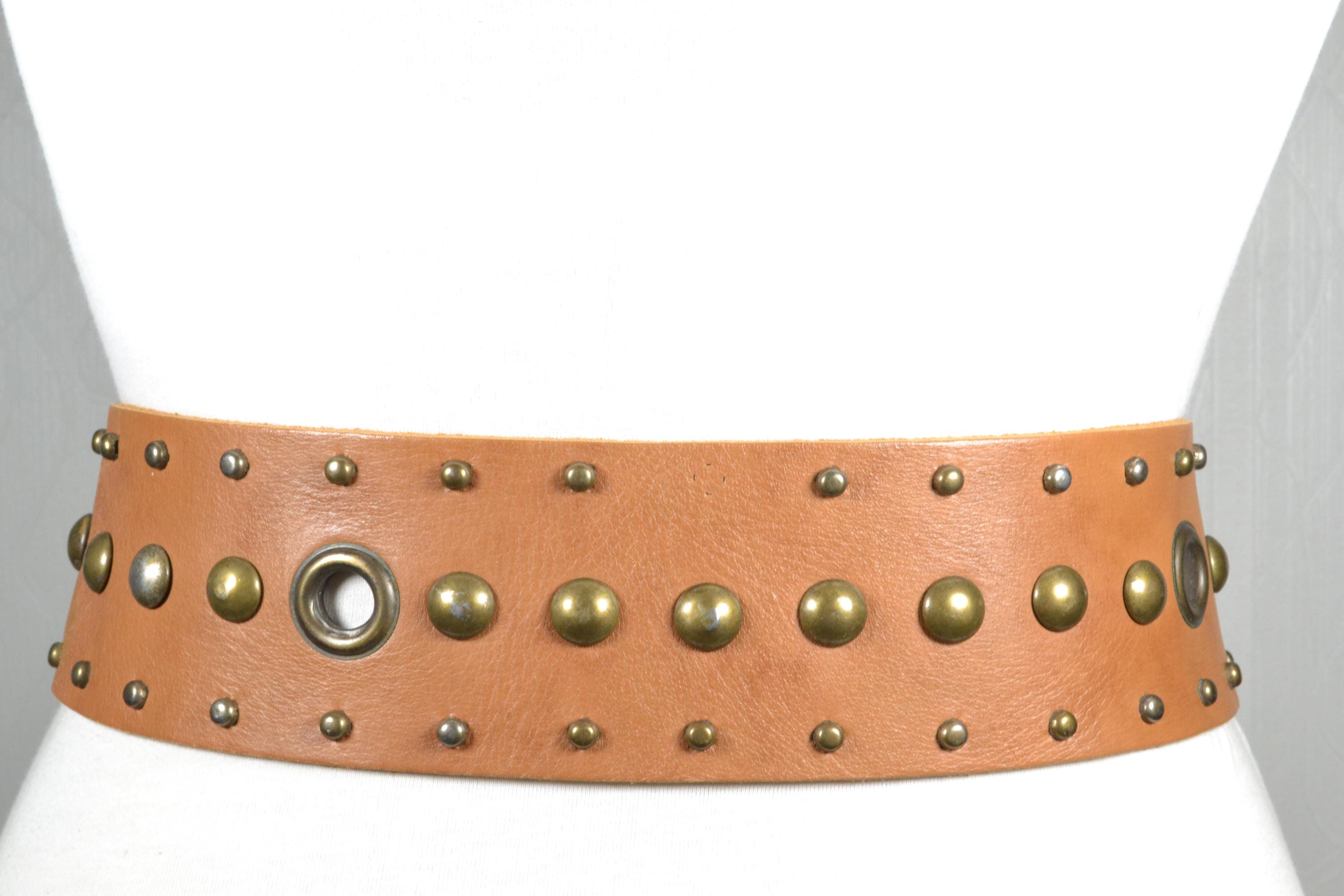 Vintage Wide Tan Studded Leather Belt With Brass Buckle  display picture 3