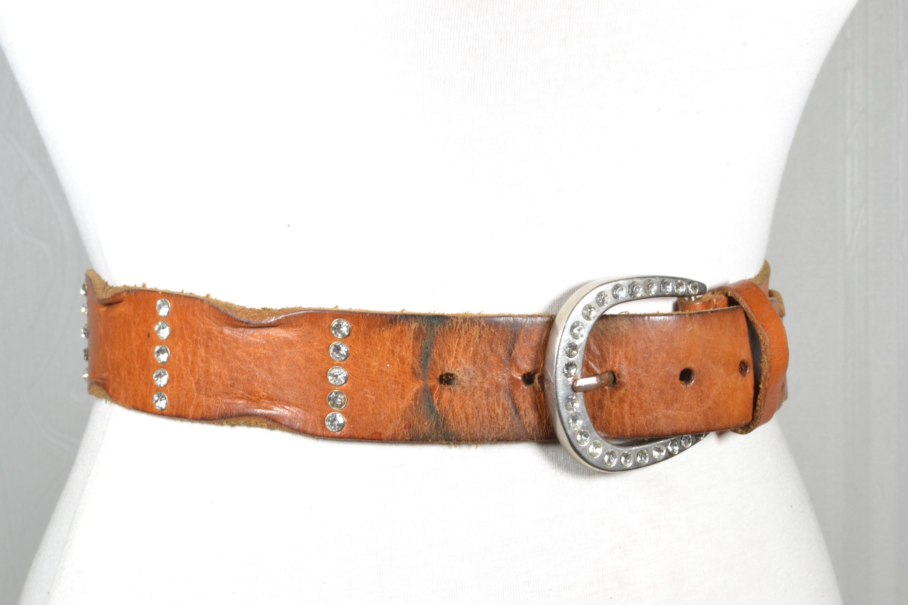 Vintage Western Cognac Leather Rhinestone Belt, Sparkling  display picture 3