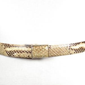 Può includere: Una cintura in pelle di serpente con fibbia rettangolare color argento. La cintura è beige e marrone, con un motivo a squame di rettile. La cintura è esposta su un manichino bianco.