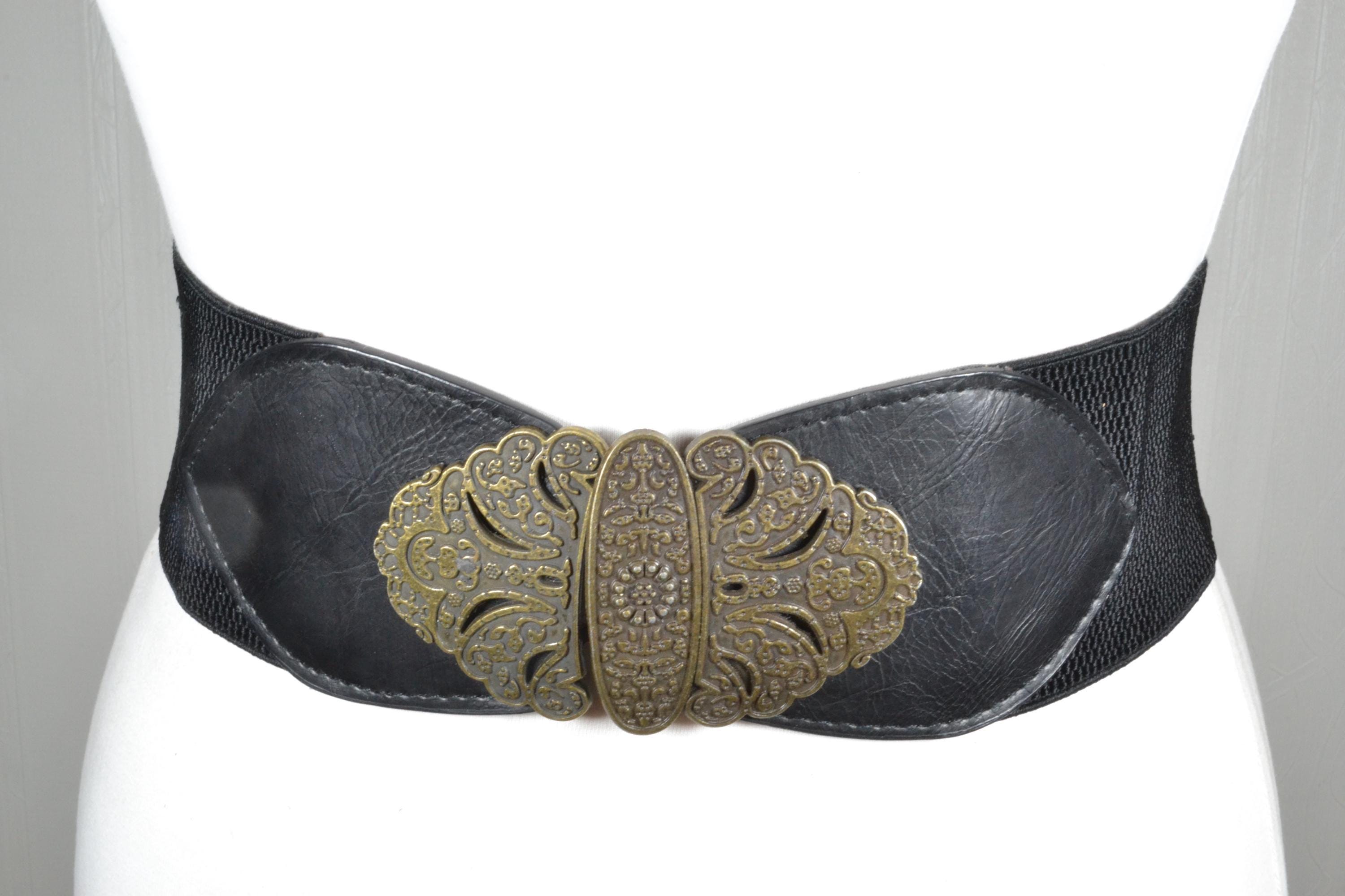 Vintage Black Stretch Belt: Ornate Brass Buckle Waist 