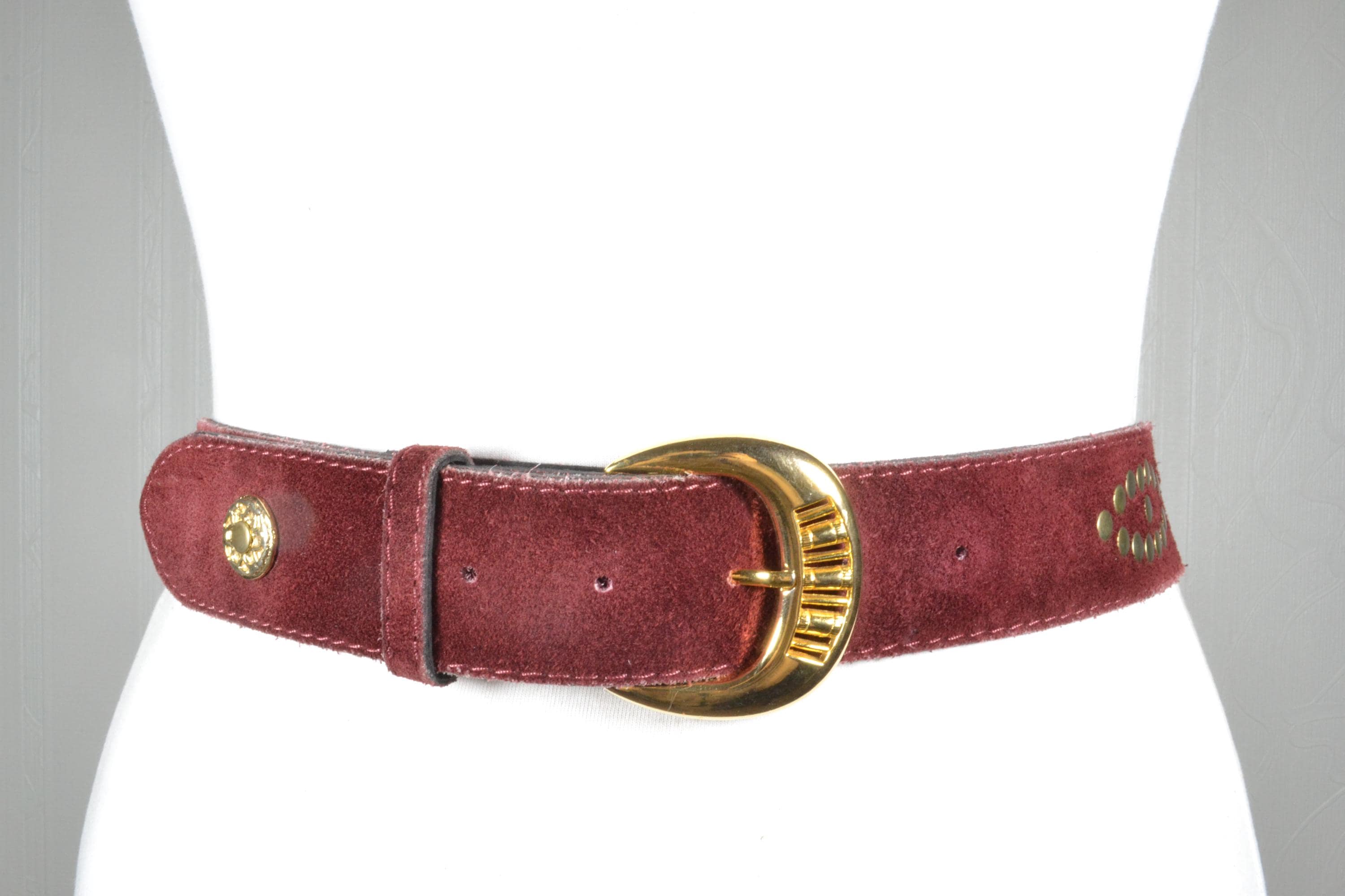 Vintage-Inspired Burgundy Suede Belt with Ornate Antique Brass Buckle 60s 70s Burgundy Oxblood Thick Leather Belt M L XL 36 38  main image 3