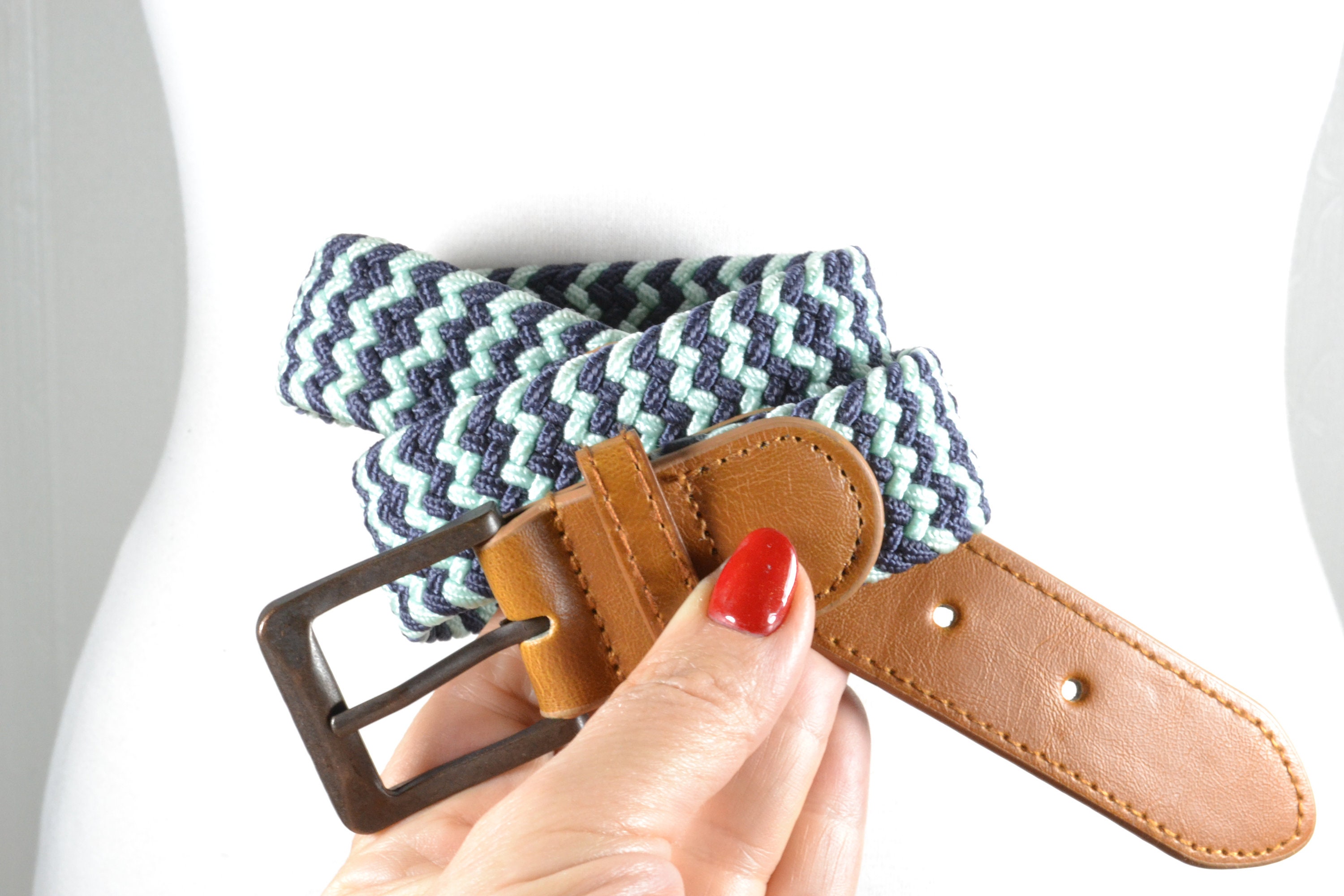 Vintage Boho Woven Blue and Green Braided Fabric Belt With 