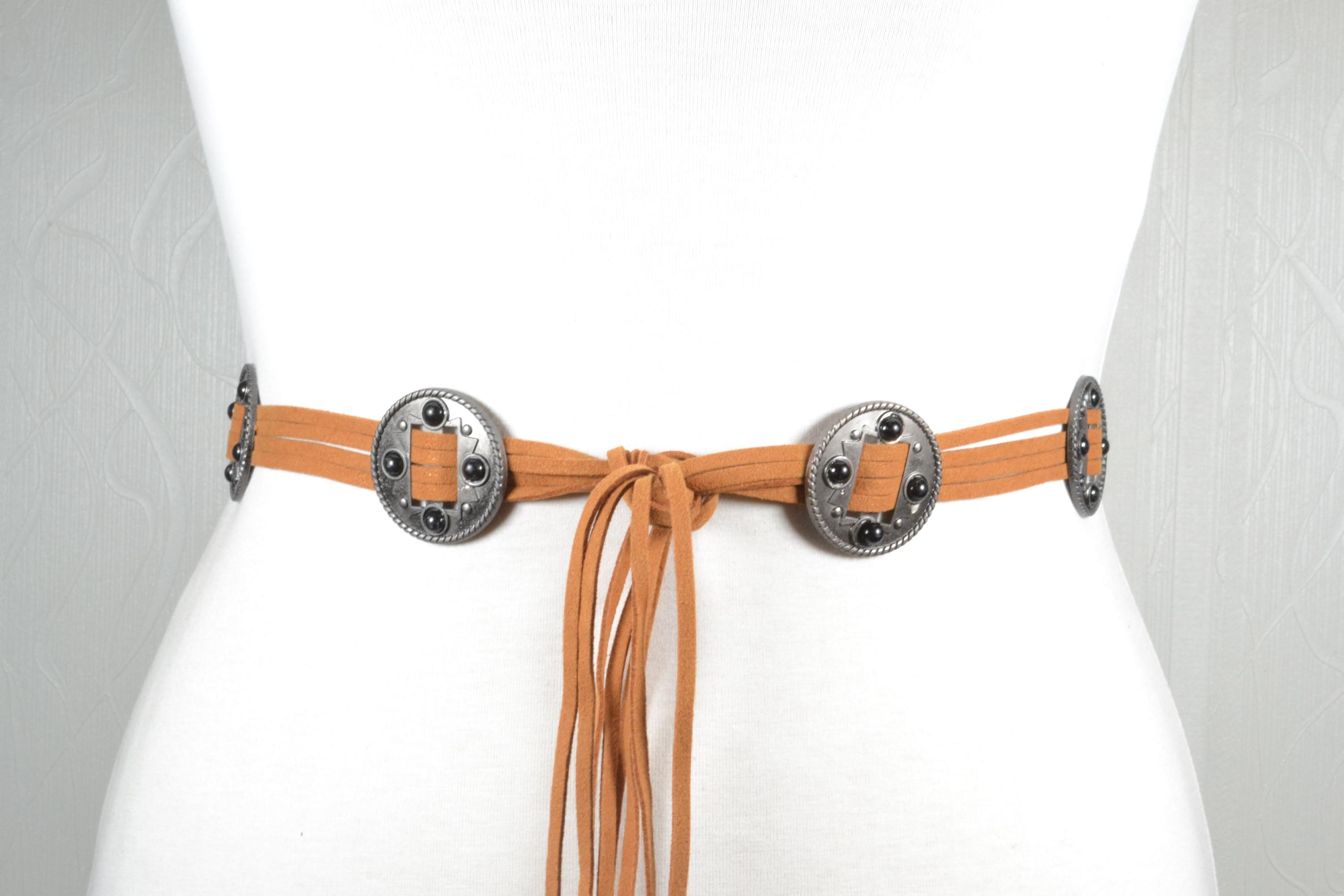 Vintage light tan suede metal rings bound tie fastening waist belt Tie Waist Leather Belt Vintage Dark Brown Suede Leather  main image 4