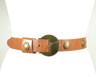 Boho Western Brown Leather Belt with Large Brass Oval Buckle and Studded Accents