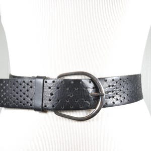 Vinatage Black  Belt with Perforation, Wide Black Leather Belt, Silver Buckle Belt