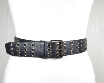 Black Riveted Leather Belt, 3 Row Rivets Belt