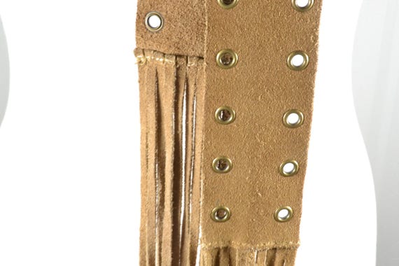 Boho Suede Braided Fringe Tie Belt | Two-Tone Tan & Brown Cutout Leather Free People Blaire Fringe Wrap Belt Suede Studded Wide Tie  main image 4