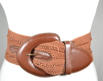 Wide Braided Leather & Cotton Belt: Vintage Tan High Waist