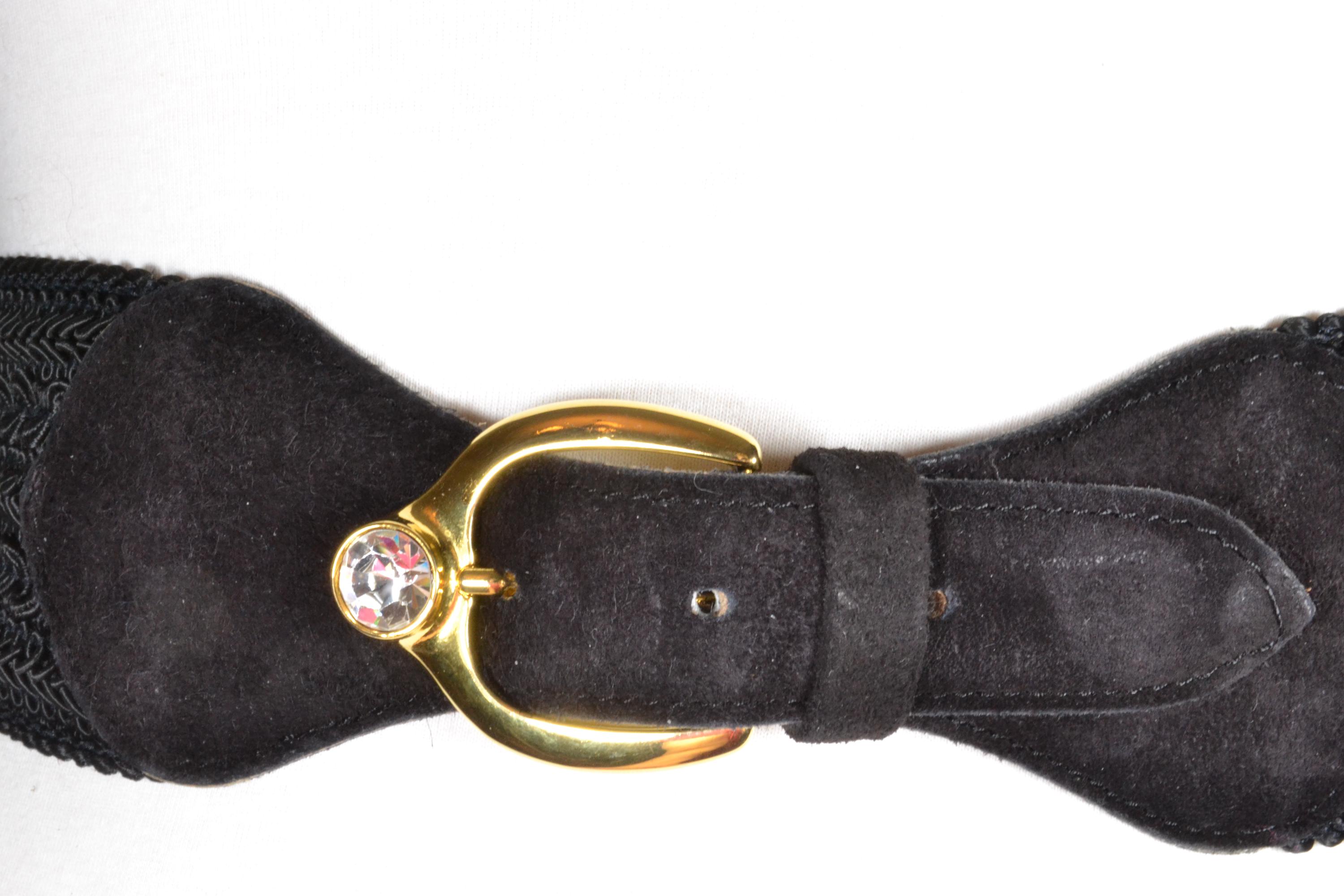 Vintage 80s Wide Black Kid Suede Belt Gold Sculptural Buckle 1980s Oversized Black Suede Belt-M/L — La Poubelle Vintage main image 2