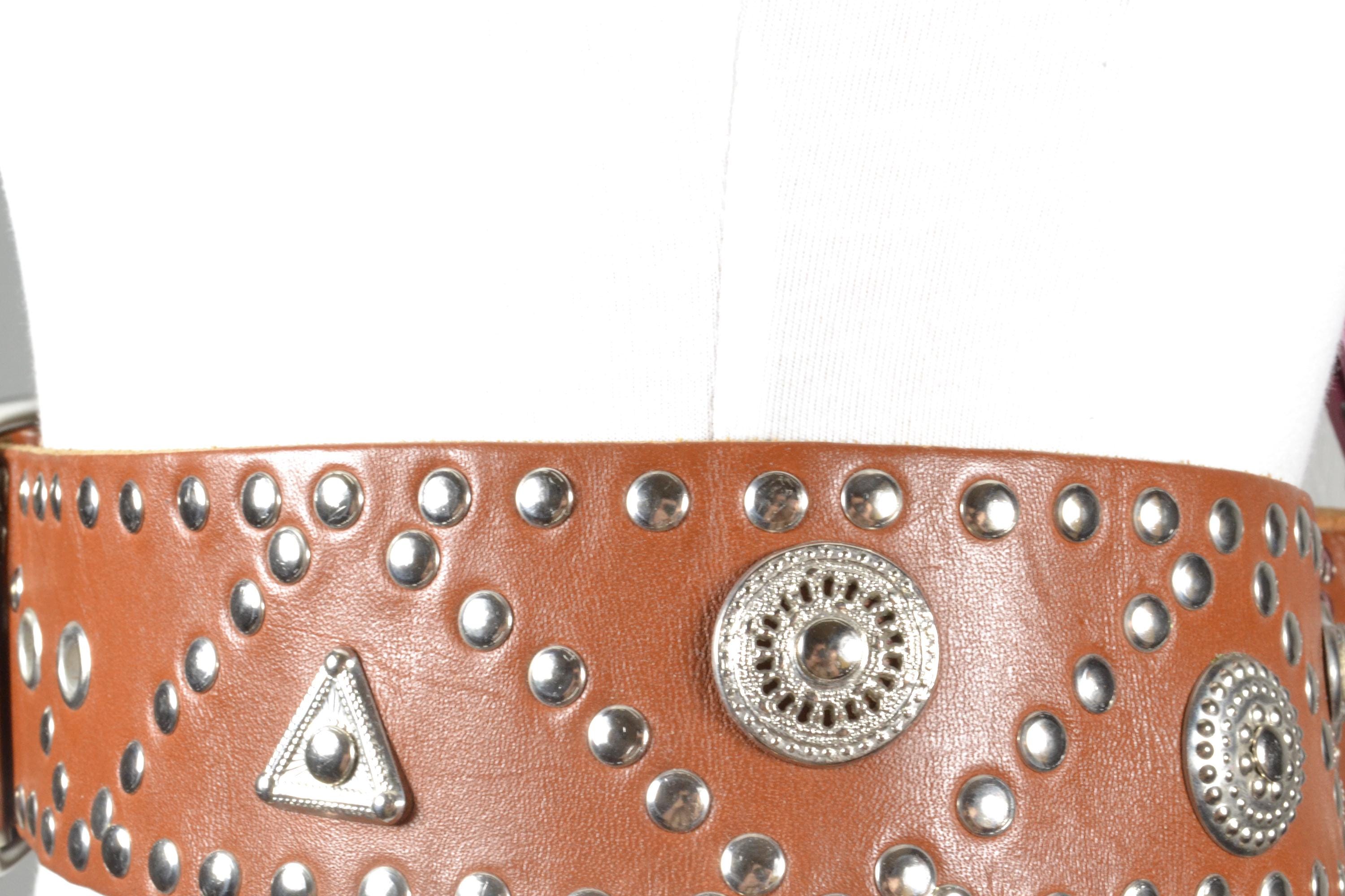 Vintage Wide Brown Leather Studded Rhinestone Waist Belt Petite Boho Western Rhinestone Studded Belt for Men Women, Western Leather Belt  main image 4