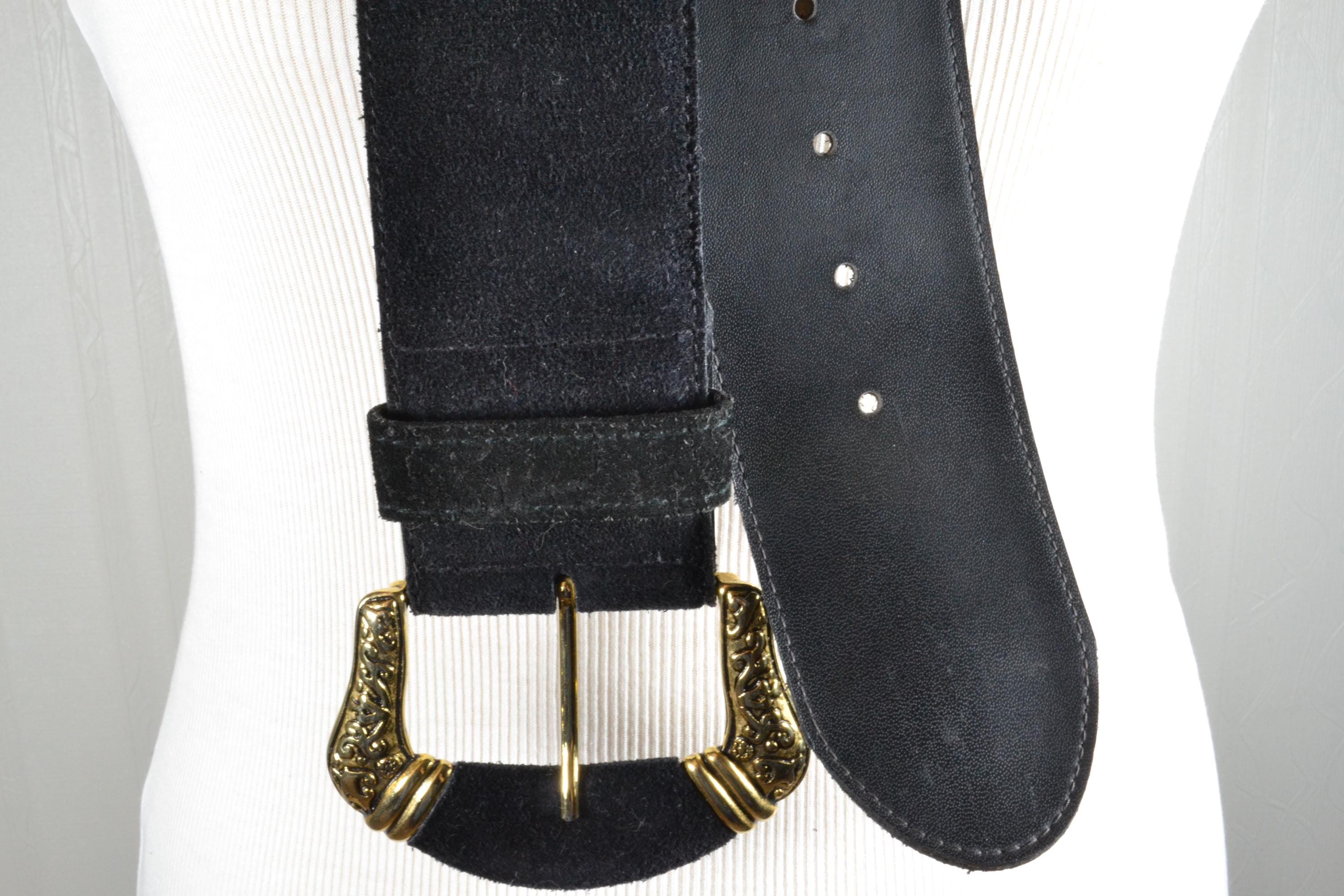 Art 9 Black Suede Wide Leather Belt Gold Hook Front Adjustable Screw Back VTG Petrified oak Wide Belt in Suede | TWP main image 3