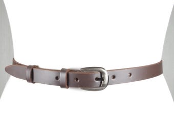 Vintage Brown Leather Skinny Belt: Adjustable Women display picture 3
