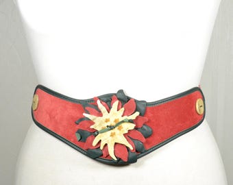 Vintage Folk Art Red Suede Waist Belt with Floral Edelweiss Appliqué, Cottagecore