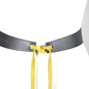 Black Leather Obi Belt with Yellow Suede Tie, Stylish Wraparound Waist Belt for Wome