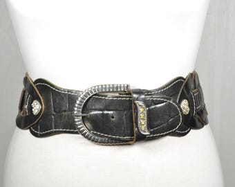 Vintage Wide Black Croc Braided Leather Belt with Silver  Buckle, Boho Western