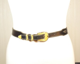 Vintage Black Leather Western Belt with Yellow Enamel Inlay Hardware, Retro Stitched Leather Ranger Belt