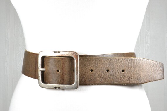 Wide Brown Leather Belt: Rectangular Buckle, Mini… - image 3