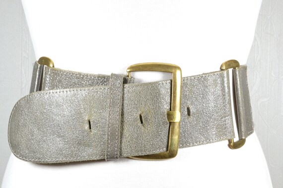 Vintage Wide Gray Leather Belt With Brass Buckle - Etsy display picture 2