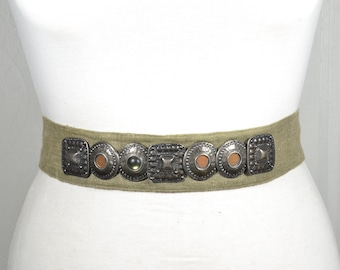 Olive Green Cotton Obi Belt with Antique Silver Medallions, Boho Tribal Waist Wrap