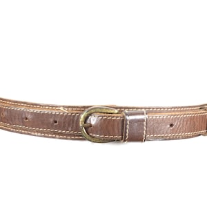 Vintage Brown Leather Belt with Gold Buckle: Stitched Design
