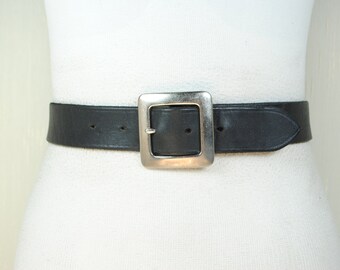 Black Leather Belt with Square Steel Buckle