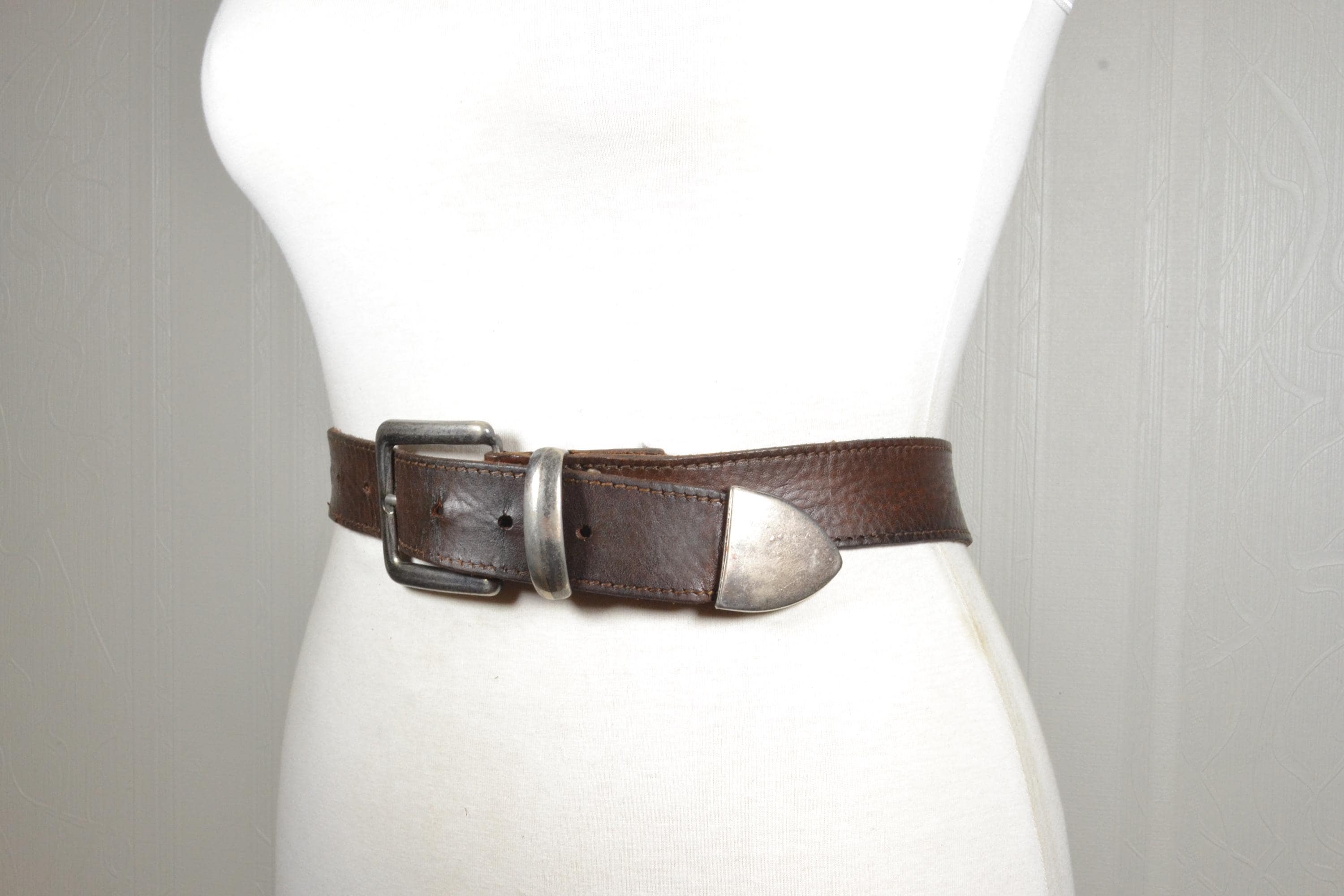 Vintage Womens Brown Leather Belt M Distressed Silver Buckle Boho Western USA Big and Tall Belt - Brown Western - 3 Pc Set Antique Silver  main image 3