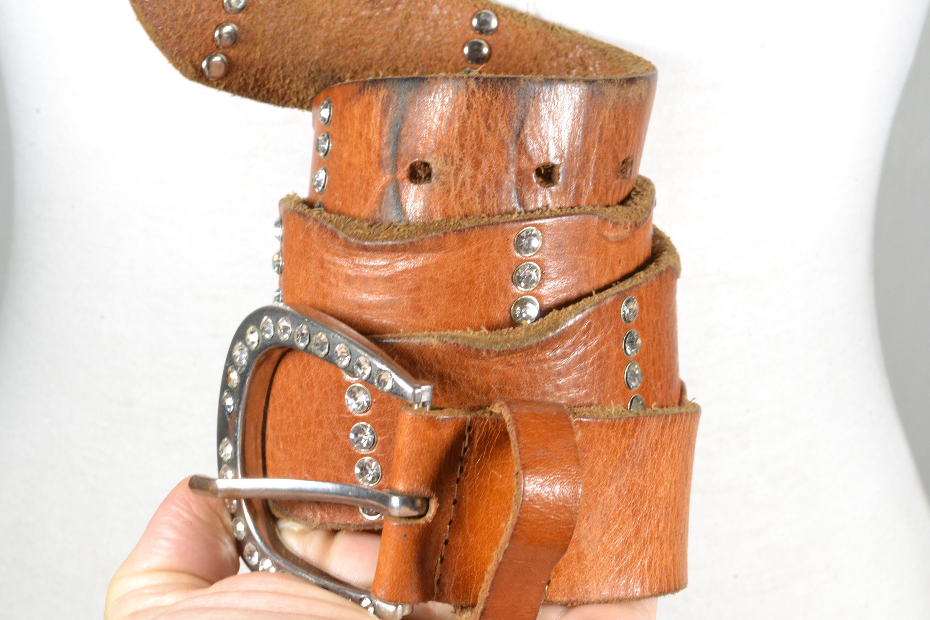 Vintage Western Cognac Leather Rhinestone Belt, Sparkling  display picture 2