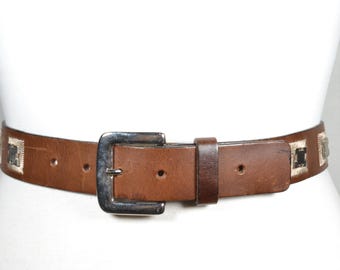 Vintage Brown Leather Belt with Metal Conchos and Classic Silver Buckle, Western Rustic