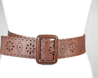 Vintage Brown Leather Belt With Floral Buckle, Bohemian 